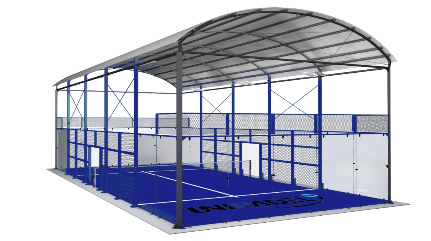 Covered padel court structural frame and blue court
