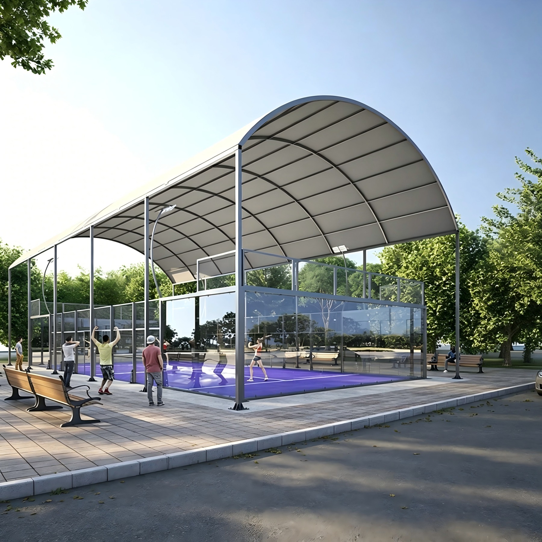 Compact covered padel court with curved roof