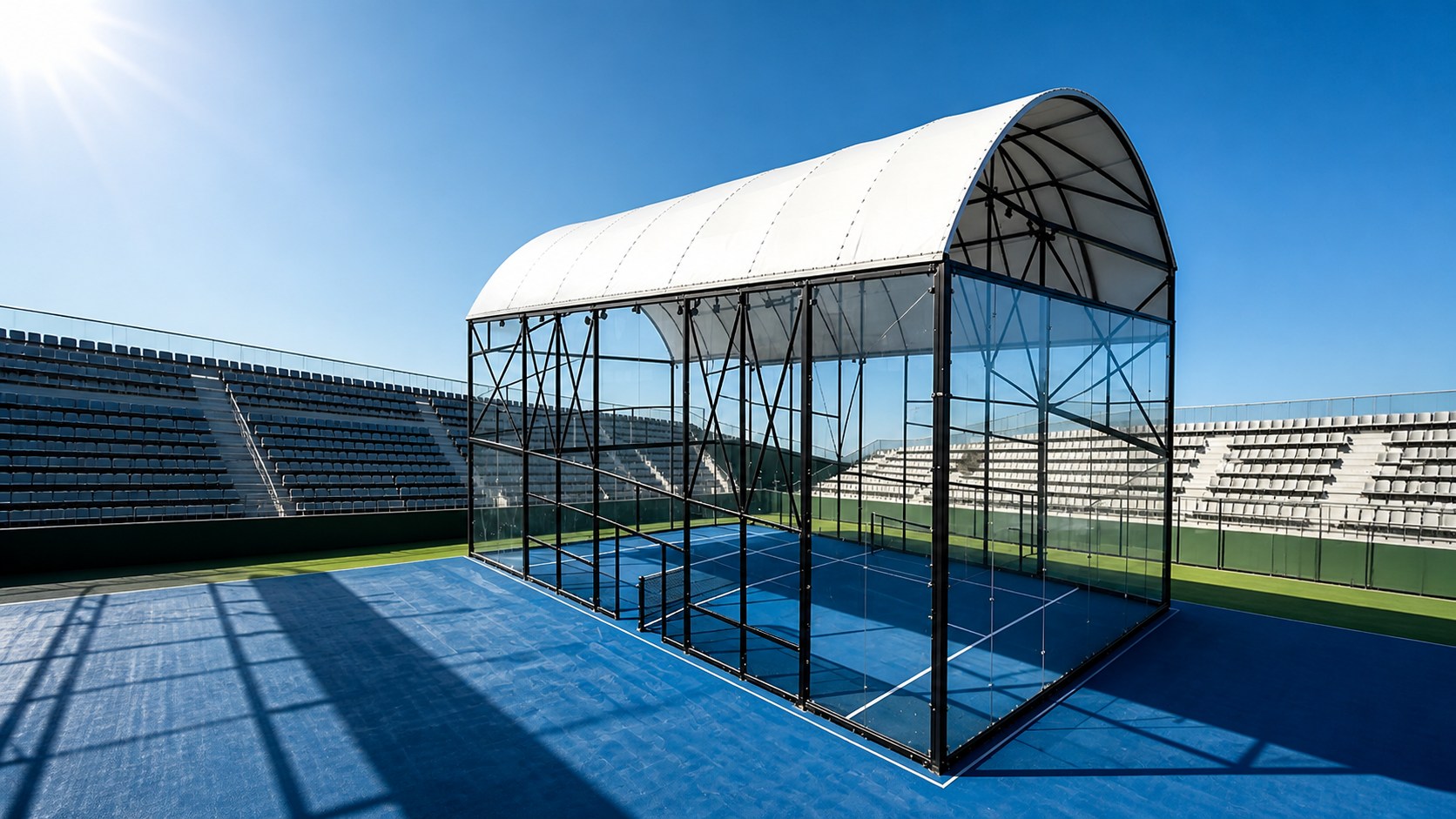 Covered padel court with an arched weather-protection canopy