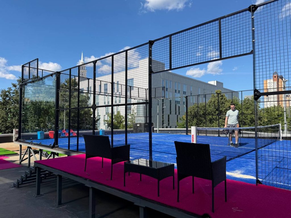 XTZ portable padel court platform system on a rooftop deck
