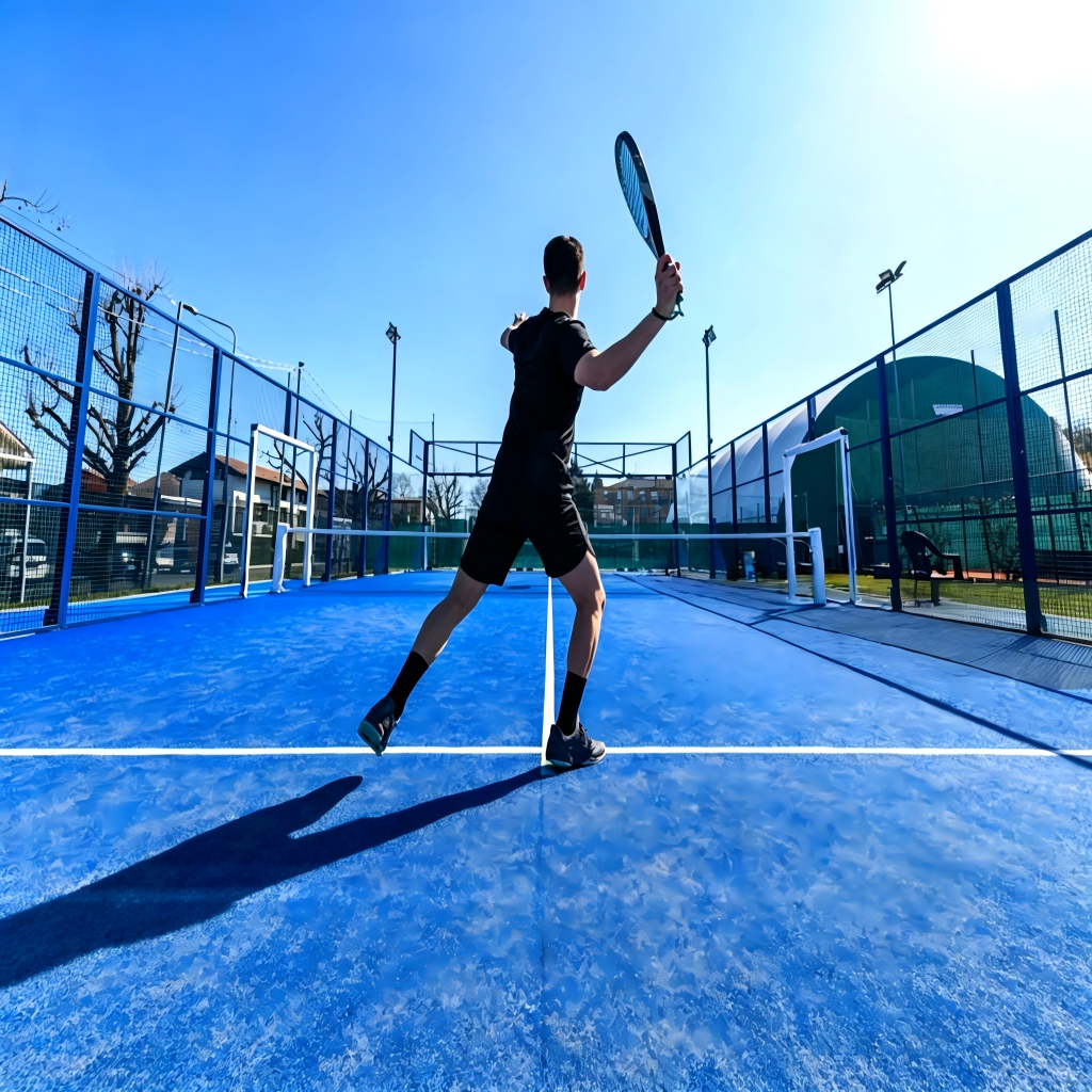 A player hitting a forehand on a blue outdoor padel court