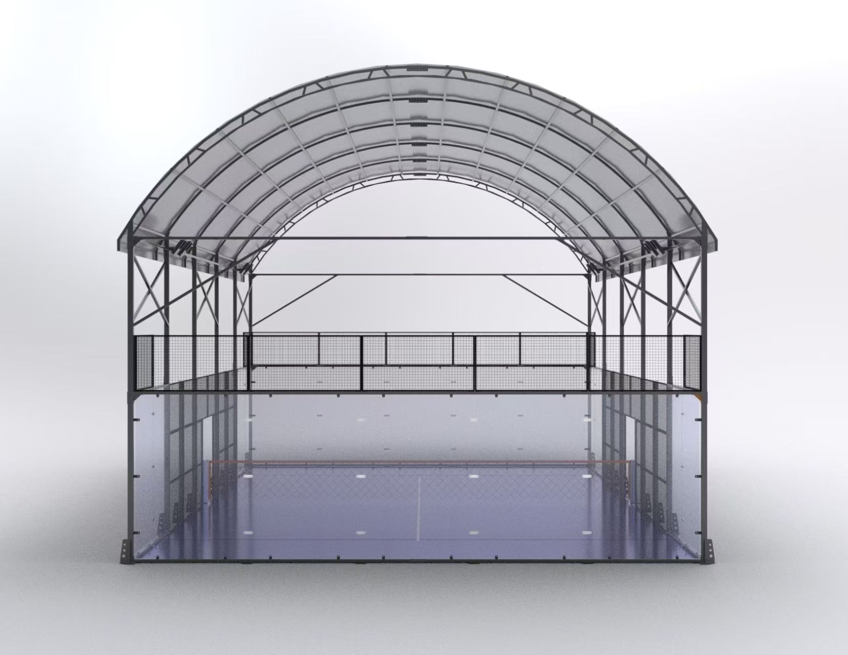 Front elevation of a covered padel court with an arched roof over a framed glass enclosure