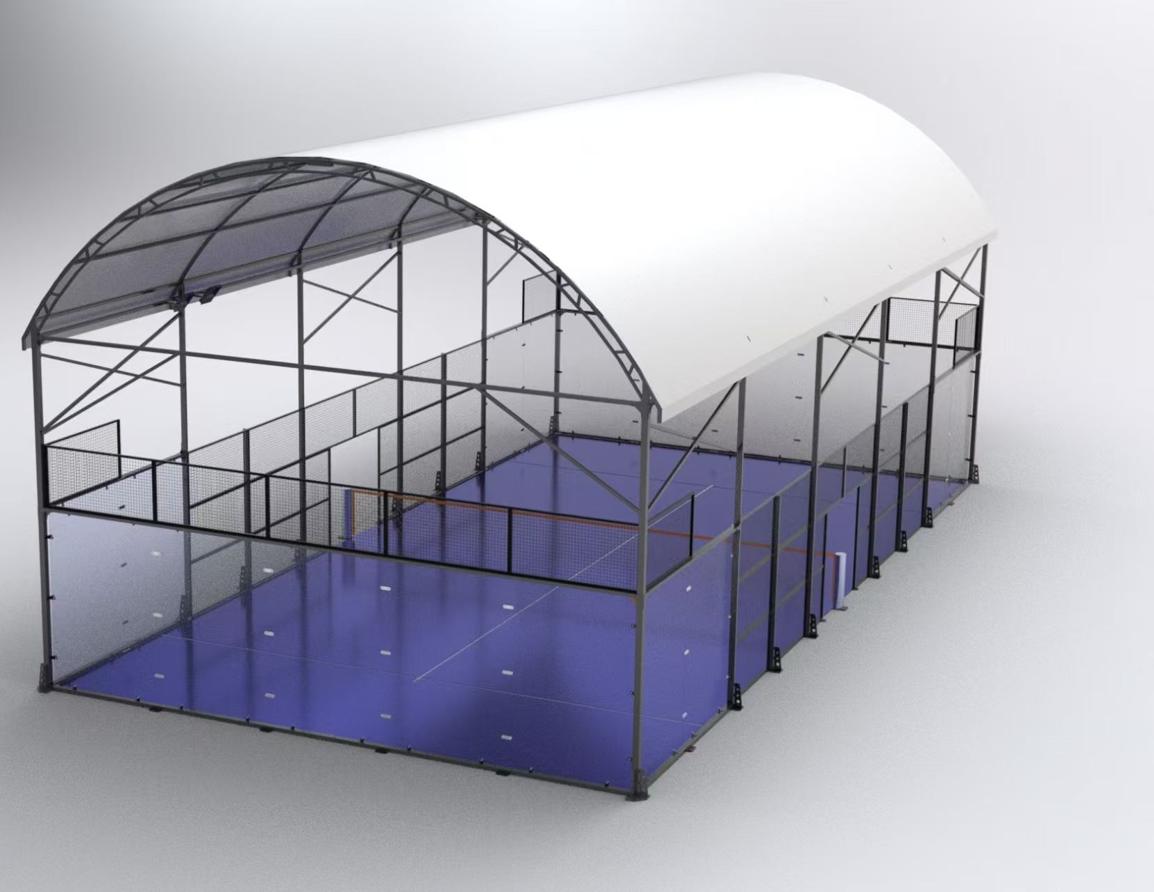 3D visualization of an XTZ covered padel court with a curved translucent roof, steel frame and blue playing surface