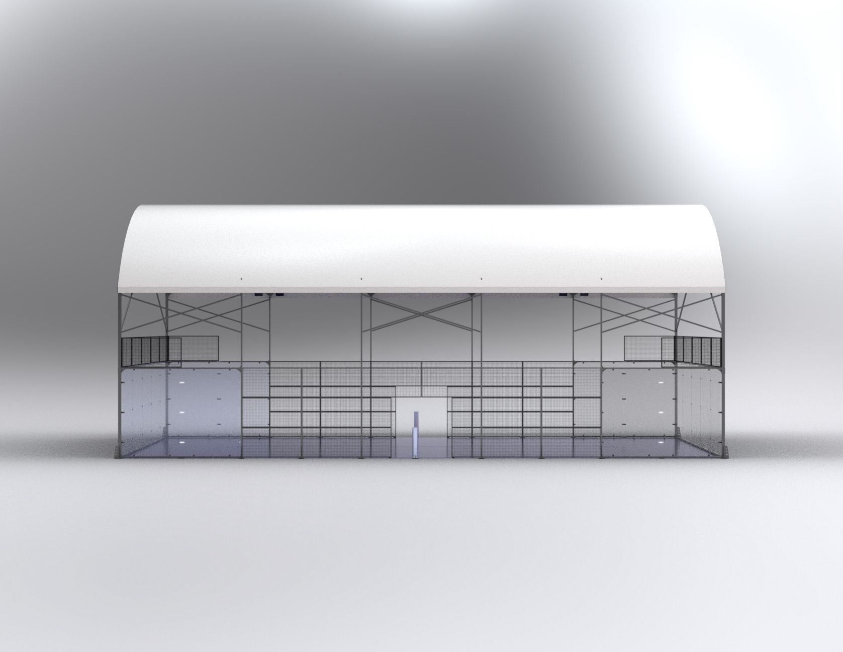 Side elevation of a 20 m covered padel court showing the membrane roof, glass walls and LED lighting