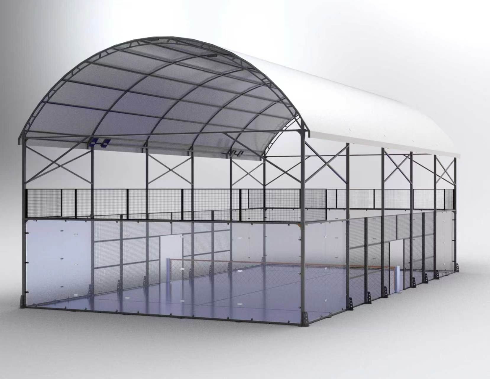 Covered padel court steel frame, welded mesh panels and tempered glass enclosure seen from the side