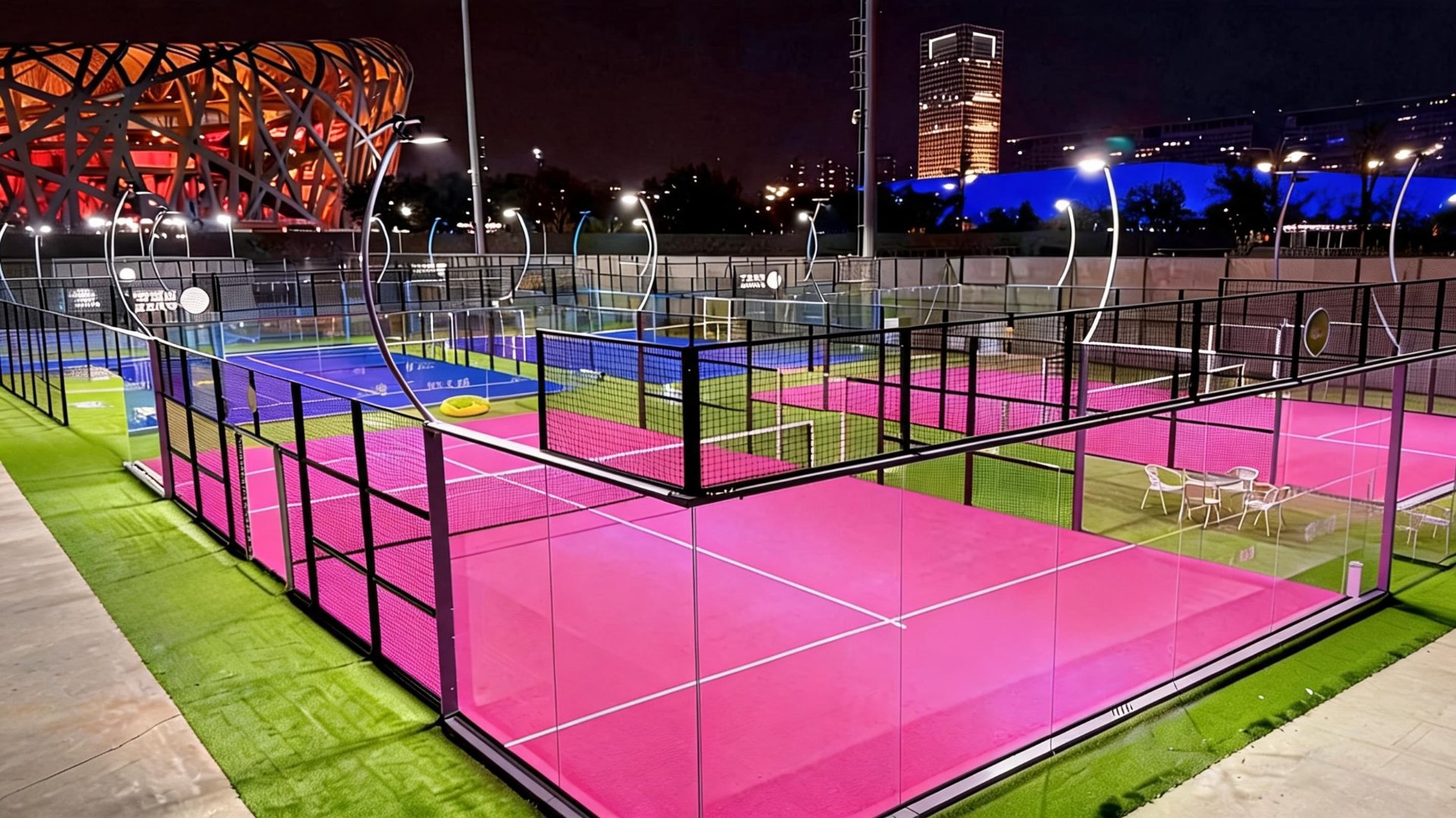Panoramic padel court venue with multiple courts lit for night play