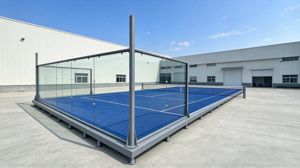 XTZ elevated platform padel court with blue playing surfaces installed in the factory yard