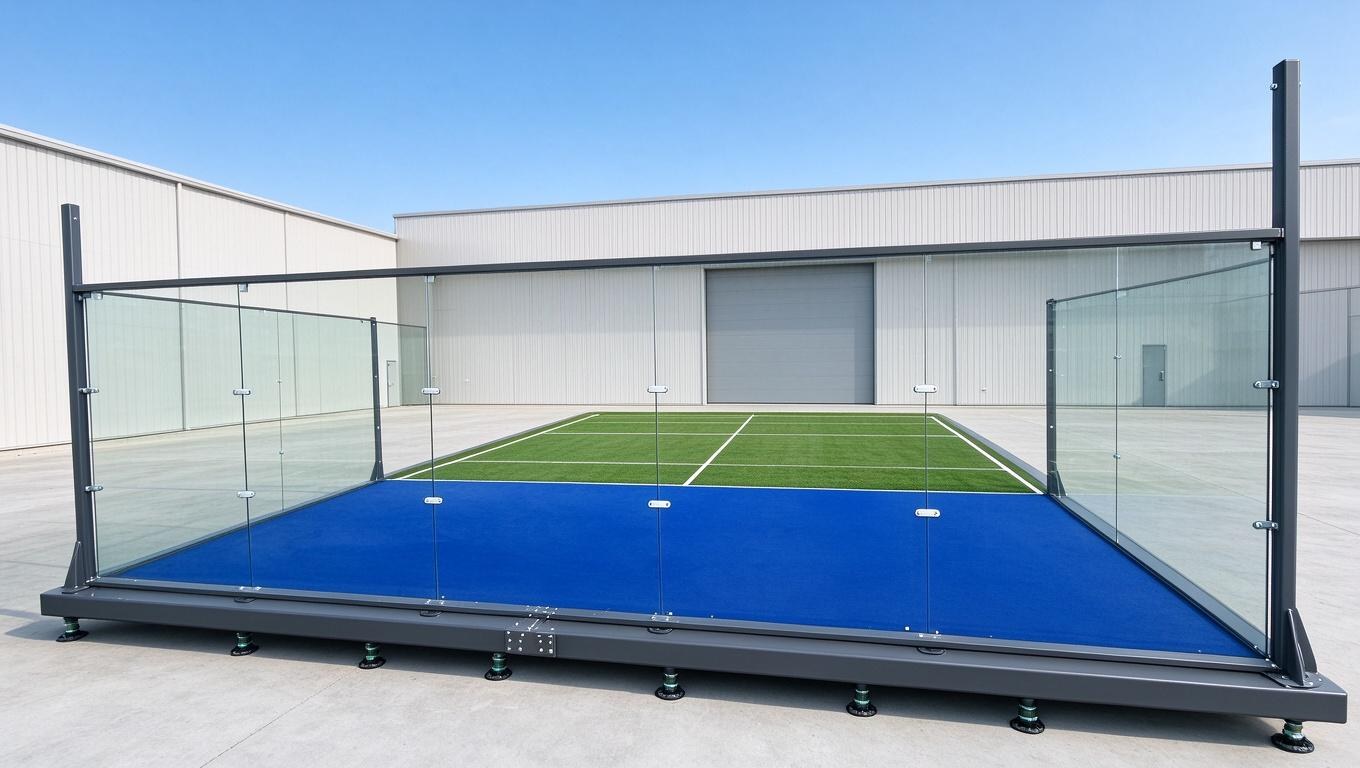 XTZ elevated padel court with tempered glass walls and blue playing surface