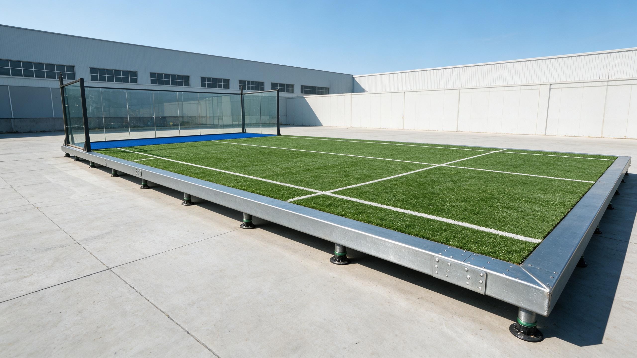 Galvanized steel platform base and adjustable support feet of the XTZ elevated padel court