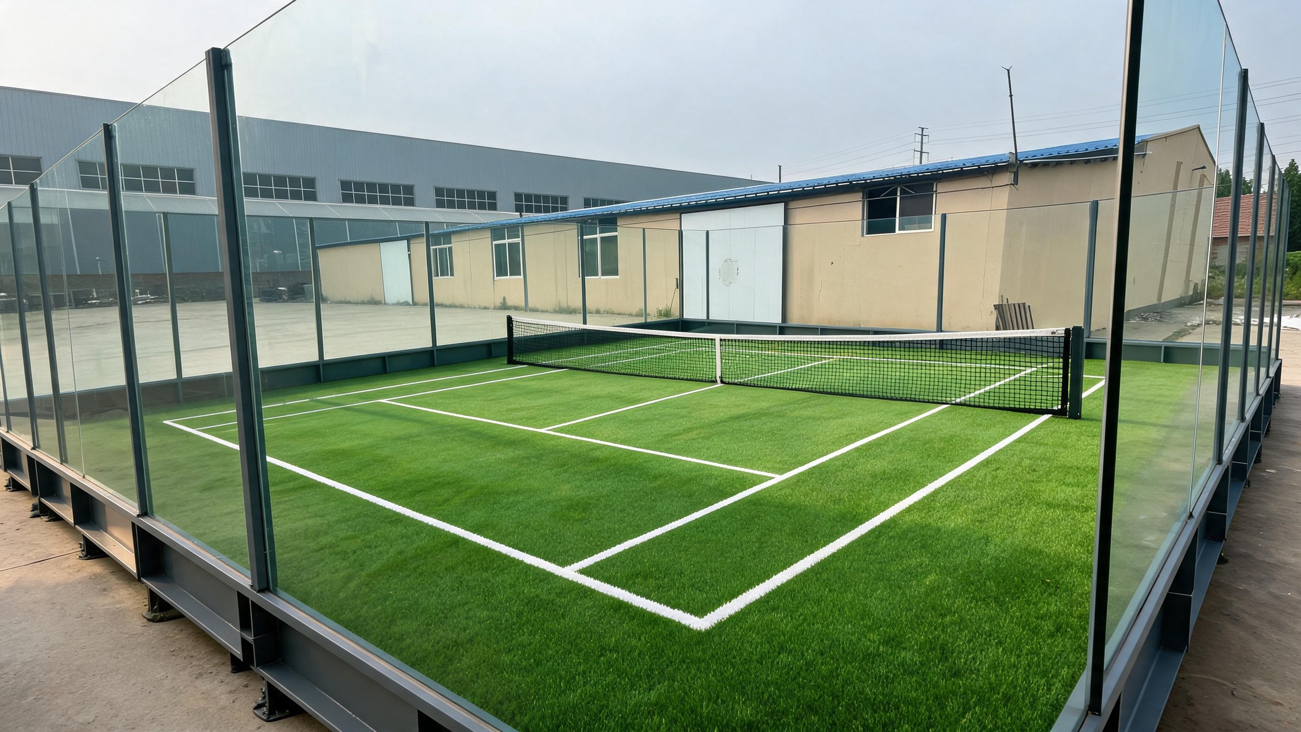 Elevated padel court playing surface with green turf, white court lines and centre net