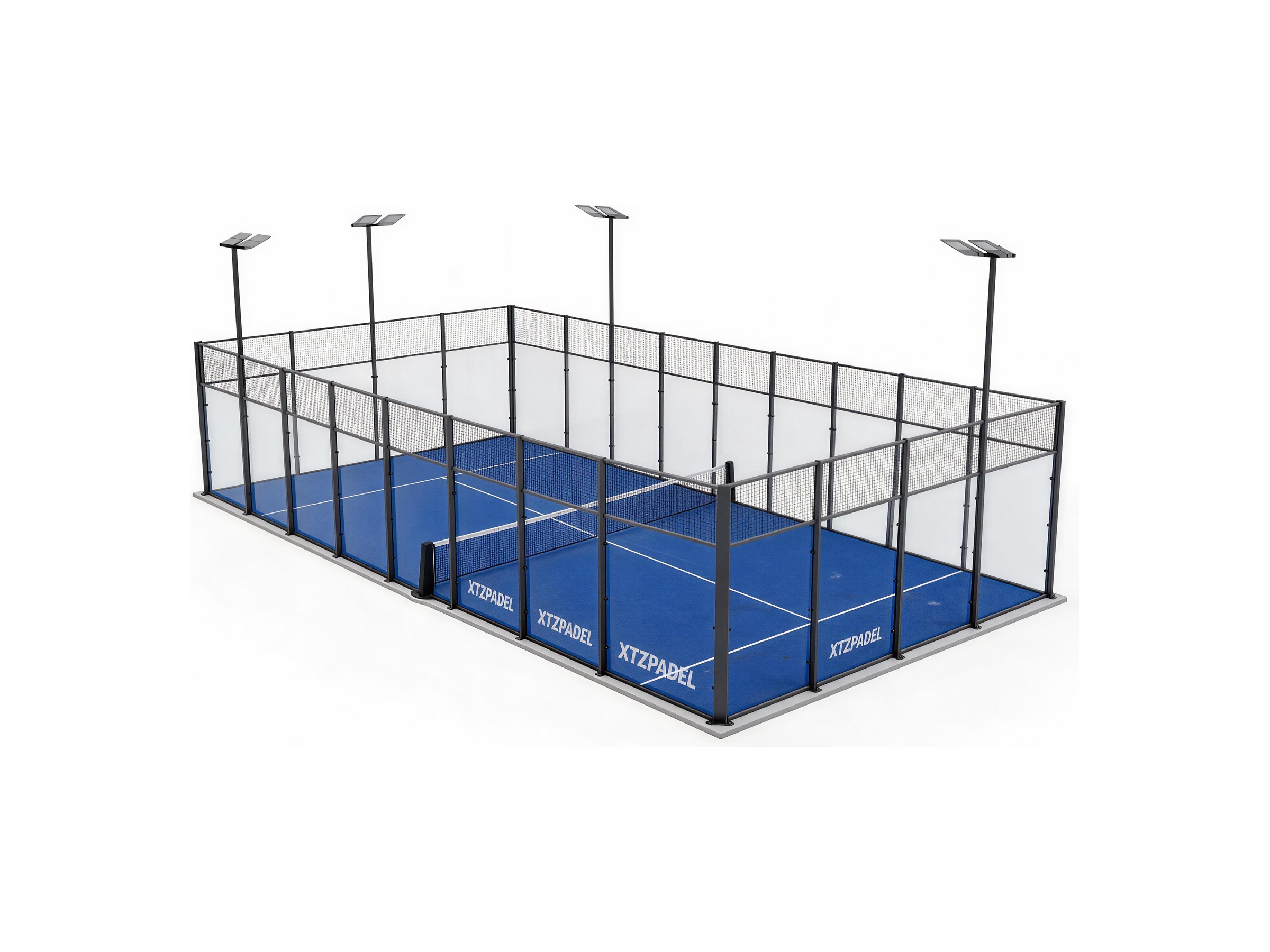 Isometric 3D render of an XTZ padel court: cobalt blue artificial turf, clear glass lower walls with black mesh upper band, charcoal grey steel frame, four twin-head floodlight masts, XTZPADEL branding printed in white on the glass, seamless white background